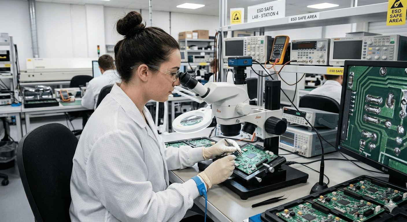 Image of Quality control inspection of printed circuit boards in electronics laboratory